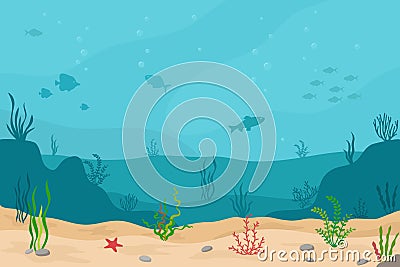 Sea underwater background. Marine sea bottom with underwater plants, corals and fishs. Vector Illustration