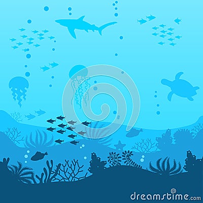 Sea underwater background. Ocean bottom with seaweeds. Vector Vector Illustration