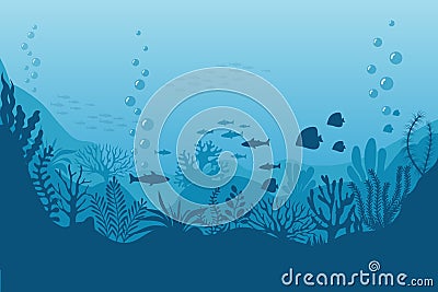 Sea underwater background. Ocean bottom with seaweeds. Vector marine scene Vector Illustration