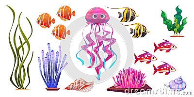 Sea underwater cute coral and jellyfish cartoon Vector Illustration