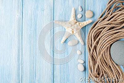 Sea vacation background with star fish and marine rope Stock Photo