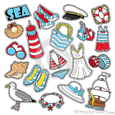 Sea Vacation Woman Fashion Elements and Clothes for Scrapbook Vector Illustration