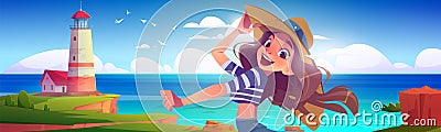 Sea vacation - woman on shore with lighthouse Vector Illustration