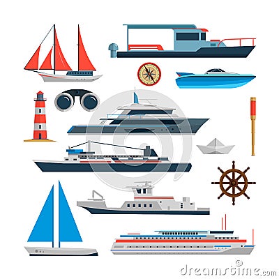 Sea vector set of ships, boats and yacht isolated on white background. Marine transport design elements, icons in flat Vector Illustration