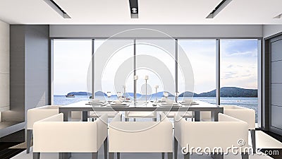 Sea view dining room with luxury table set / 3D Rendering Stock Photo