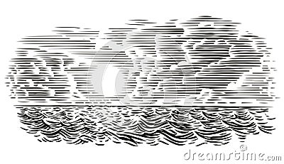 Sea view engraving style illustration. Vector, isolated, layered. Vector Illustration