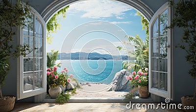 sea view framed by open window on sunny day generative AI Stock Photo