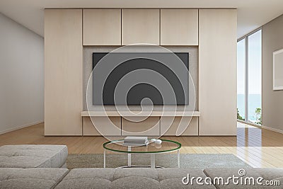 Sea view Living room with television in modern luxury beach house, Vacation home for big family Stock Photo