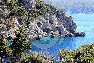 Sea view. Mountain view. Beautiful Paleokastritsa and ionian sea. Panorama of sea coast. Beauty in nature. Heart of Stock Photo