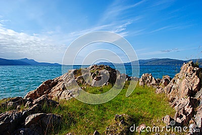 Sea view in Norway from the rocky beach on the island Stock Photo