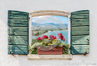 Sea view through the open window with flowers Stock Photo