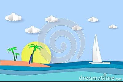Sea view in summer. white yacht sailing. summer time. vacation. sea with beach. paper cut and craft style. Vector Illustration