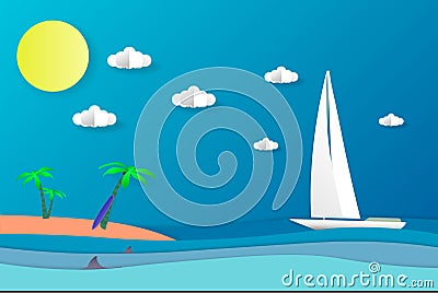 Sea view in summer. white yacht sailing. summer time. vacation. sea with beach. paper cut and craft style. Vector Illustration