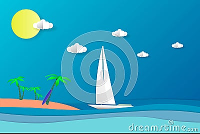 Sea view in summer. white yacht sailing. summer time. vacation. sea with beach. paper cut and craft style. Vector Illustration