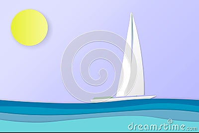 Sea view in summer. white yacht sailing. summer time. vacation. sea with beach. paper cut and craft style. Vector Illustration