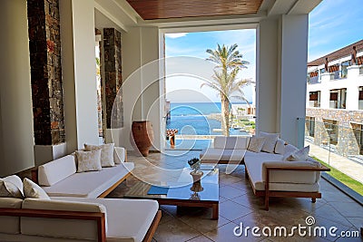 Sea view terrace at luxury hote Stock Photo