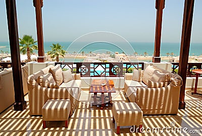 Sea view terrace at luxury hotel Stock Photo