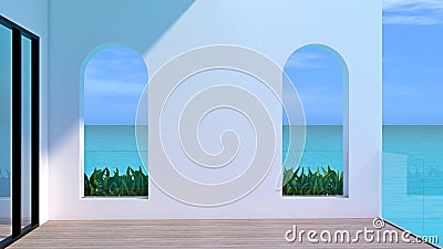 Sea view terrace. A wooden terrace of modern classic building with ocean view, white blank wall with a glass railing. 3D Cartoon Illustration