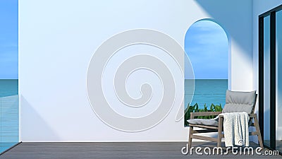 Sea view terrace. A wooden terrace of modern high-rise building with ocean view, white blank wall with a pool-side chair and white Cartoon Illustration