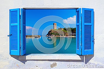 Sea view through traditional greek window Stock Photo