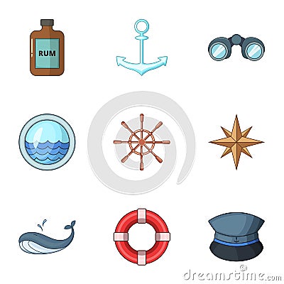 Sea voyage icons set, cartoon style Vector Illustration