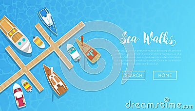 Sea Walks Banner with Yachting Tour Advertisement. Yachts and Boat Trip. Beach Vacation Vector Illustration