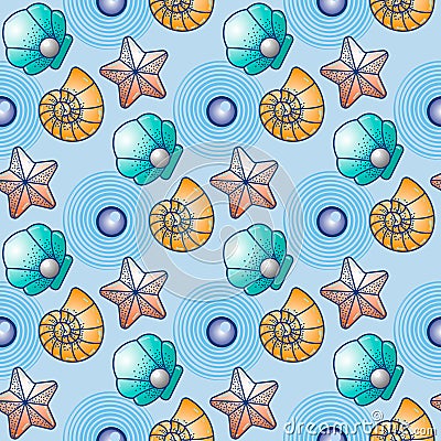 Sea Water animal. seamless pattern of Sea inhabitants sea scallop, starfish and seashell Stock Photo