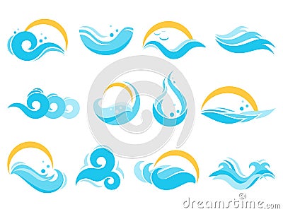 Sea water icons. Ocean waves, agua splash and blue river wave. Lake waters, flowing surface isolated vector icon Vector Illustration