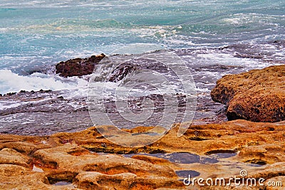 Small Rock Pools in Cratered Sandstone, Bondi Beach, Australia Stock Photo