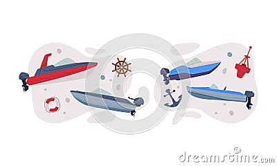 Sea water transport set. Modern motorboat and powerboat cartoon vector illustration Cartoon Illustration