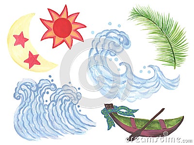 Sea wave, boat, sun, moon, palm tree foliage watercolor asain style Abstract watercolor hand drawn illustration, Isolated Cartoon Illustration