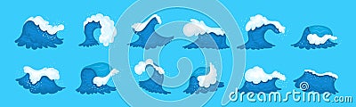 Sea wave cartoon set. Blue water ocean waves, marine surf wave, ripples tides sea storm, tidal different shapes vector Vector Illustration