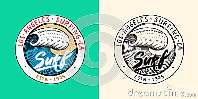 Sea wave emblem. Surfing sign. Summer Surf. Blue water. Vintage tide. Engraved emblem hand drawn. Retro poster or banner Vector Illustration