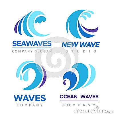 Sea wave logo. Ocean storm. Tide splashes. Blue water swirl company emblem for branding. Aqua motion signs. Business Vector Illustration