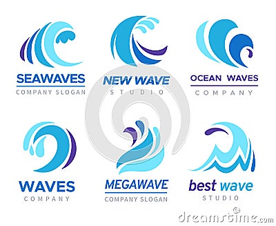 Sea wave logo. Ocean storm tide waves wavy river blue water splash design emblems labels vector isolated collection Vector Illustration