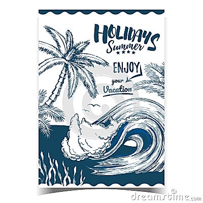 Sea Wave, Seaweed And Palm Trees Banner Vector Vector Illustration