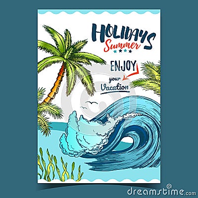 Sea Wave, Seaweed And Palm Trees Banner Vector Vector Illustration