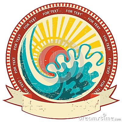 Sea wave and sunlight.Vintage label with scroll fo Vector Illustration