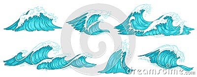 Sea wave. Vintage ocean waves, blue water tide and tidal wave hand drawn vector illustration set Vector Illustration