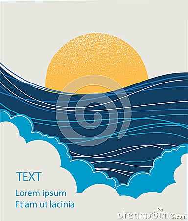 Sea wave and yellow sun.Seascape illustration for text Vector Illustration