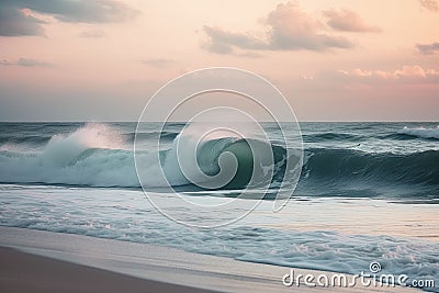 Sea waves on the beach in the morning. Beautiful seascape in pastel colors. Generative AI Cartoon Illustration