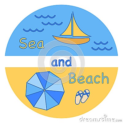 Sea, waves, beach, yacht, beach slippers, parasol. Vector Illustration