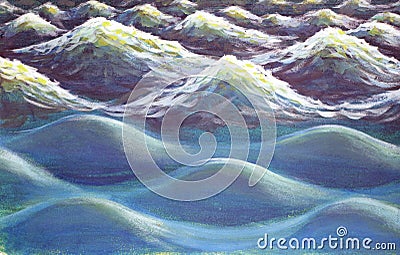 Sea waves close-up painting with acrylics. Large water waves illustration art background Cartoon Illustration