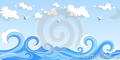 Sea waves and clouds. horizontal seamless landscap Vector Illustration