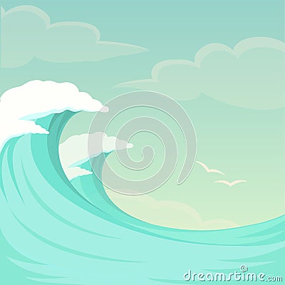 Sea waves, ocean wave background, water and summer sky Vector Illustration