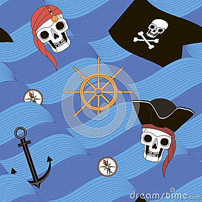 Sea waves and pirate attributes seamless Vector Illustration