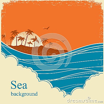 Sea waves.Seascape horizon illustration on old vintage poster Vector Illustration
