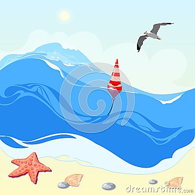 Sea waves with a striped buoy and a flying seagull against the background of clouds under the bright sun. On the beach, a starfish Vector Illustration