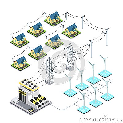 Sea wind energy propeller green village power supp Vector Illustration