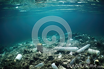 seabed cluttered with plastic bottles, emphasizing pollution Stock Photo